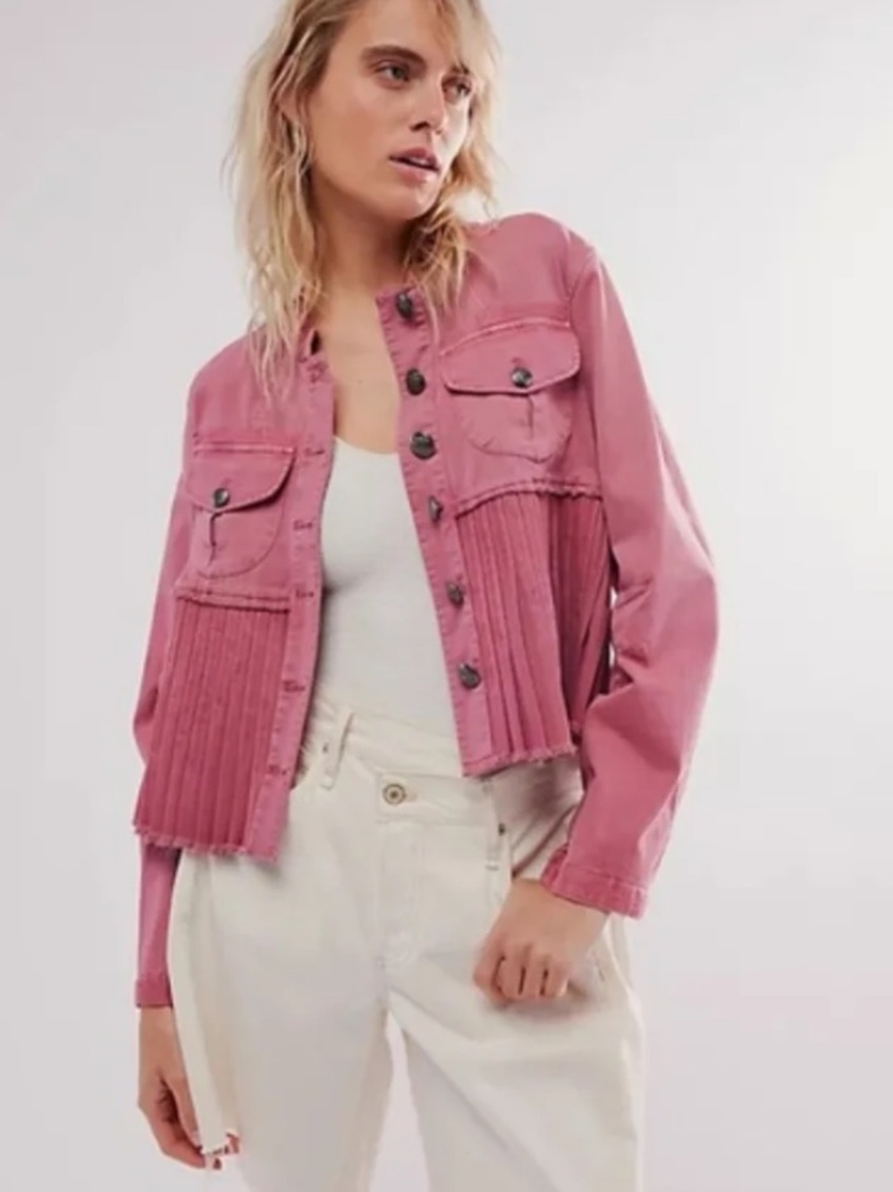 Free People Rose-Pink Cassidy Pleated Button-Front Jean Jacket - Picture 3 of 14